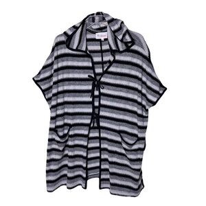 Two Vince Camuto | Black Striped Tie Front Knit Hoodie Kimono Cardigan, S/M